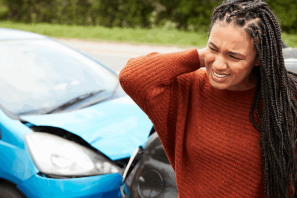 Woman grabbing neck in pain after a car accident