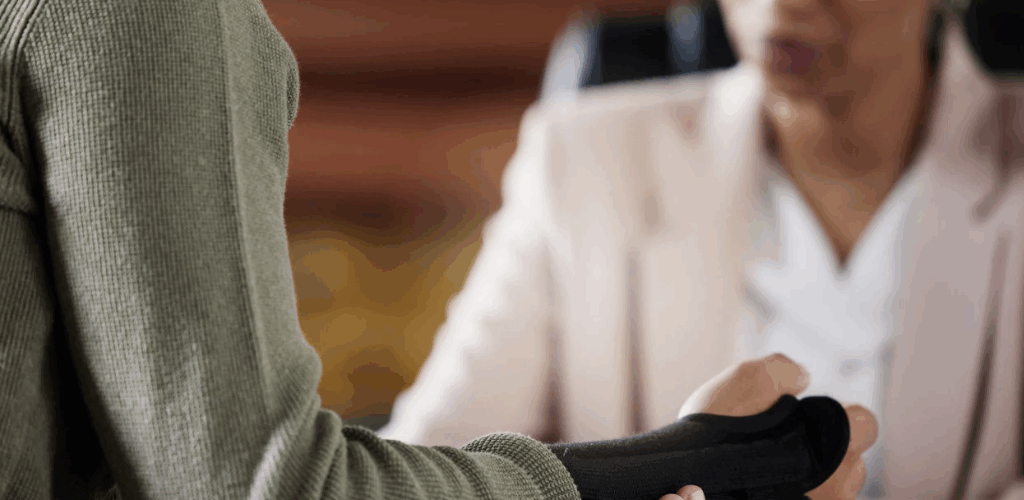 Man with brace meeting with female in a suit