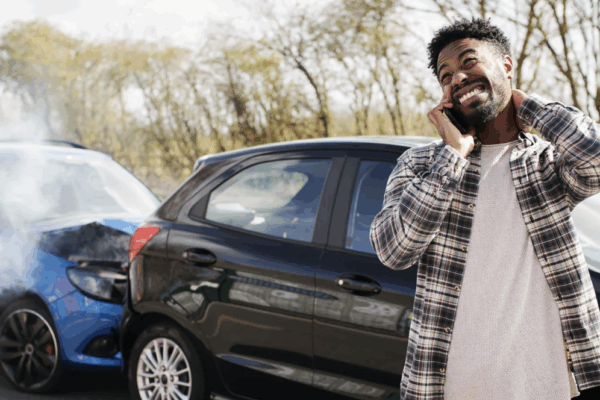 young man in an accident holding his neck while talking on the phone