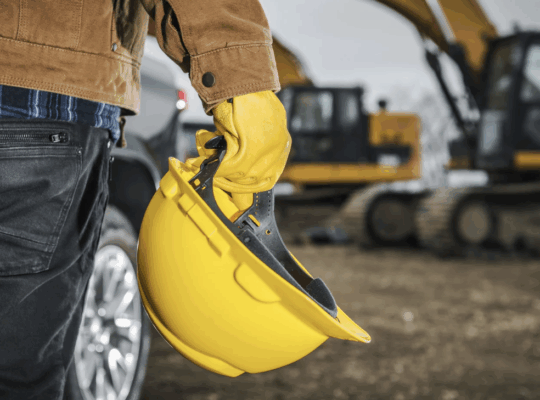 Man holding hardhat on job site