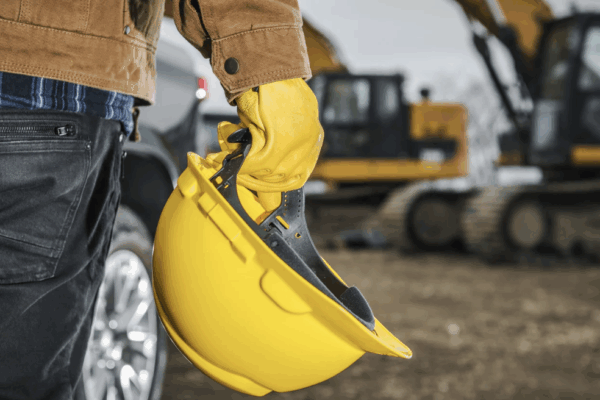 Man holding hardhat on job site